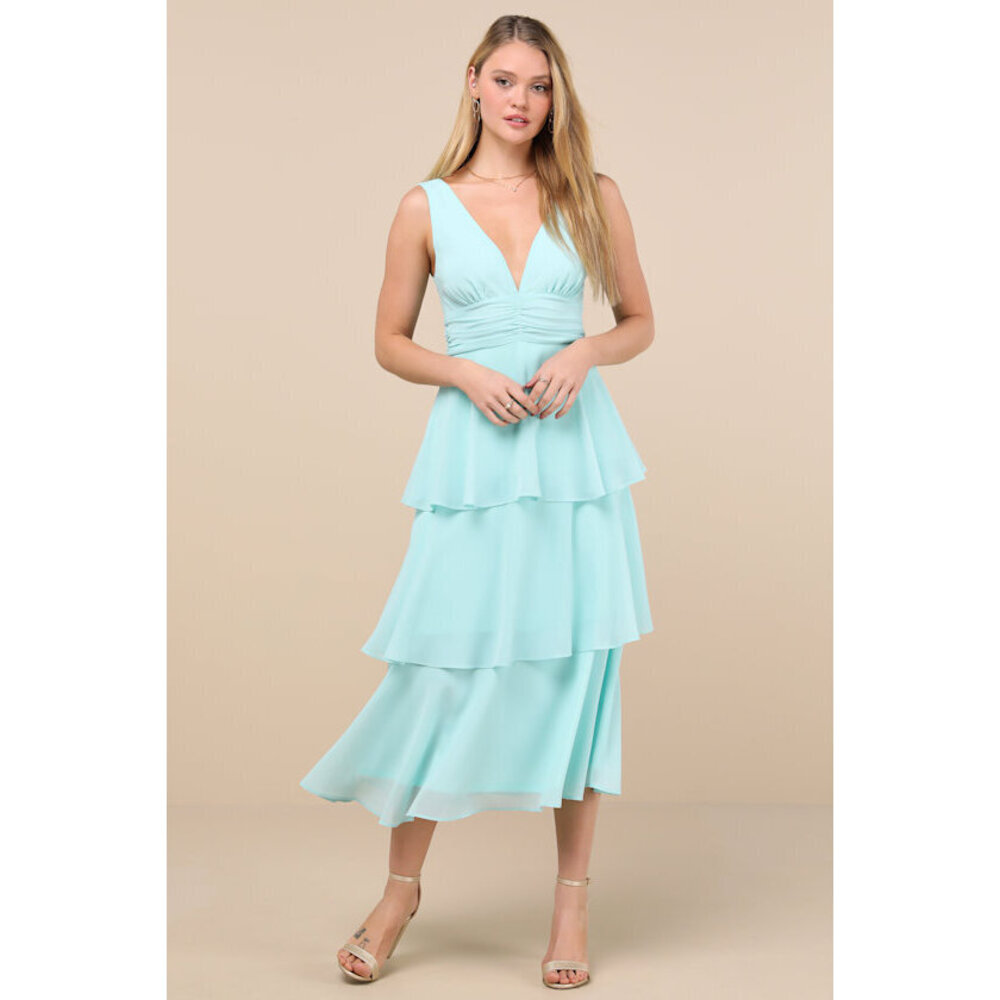 Lulus Celebration Time Aqua Sleeveless Tiered Midi Dress Blue - Size M